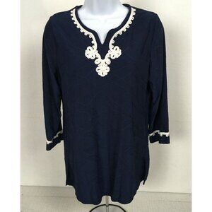 Allison Daily Womens Top Size SP Navy Blue with White Trim on Neck and Sleeves